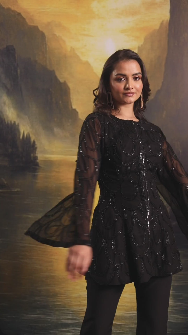 Black Embroidered Georgette Kurta With Flared Pants