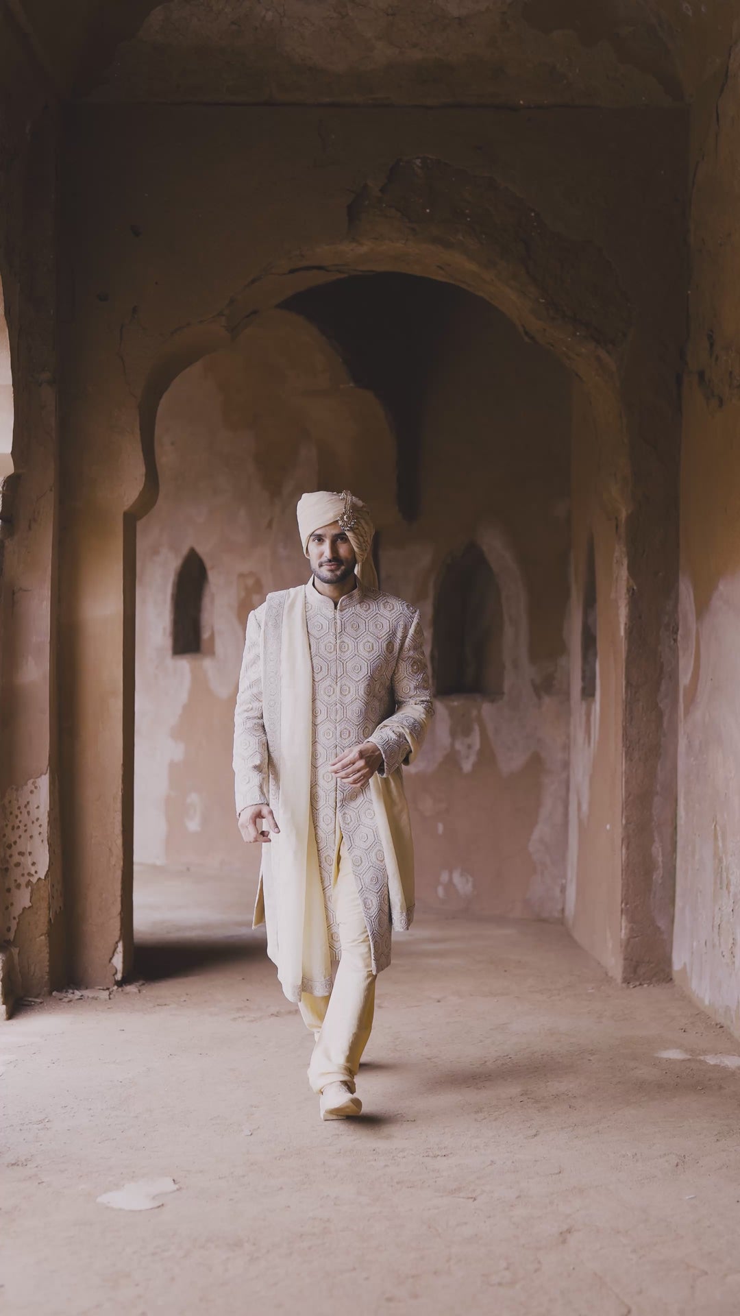 Mustard Patterned Silk Sherwani Set With Pant