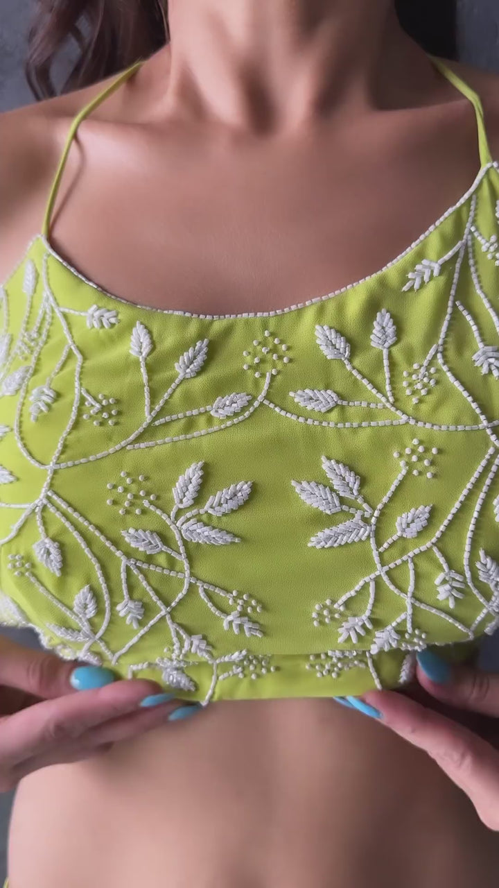 Green Pleated Ruffled Lehenga Set