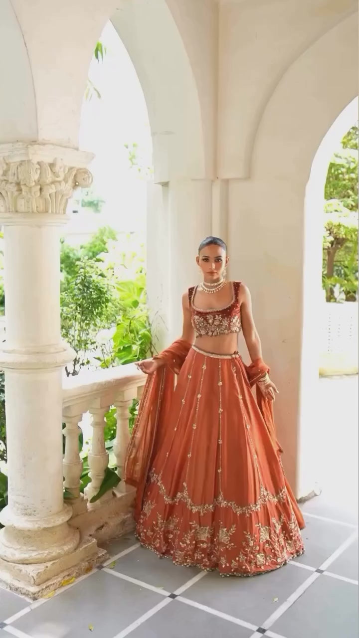 Rust Brown Embroidered Silk Lehenga Set With Velvet Blouse