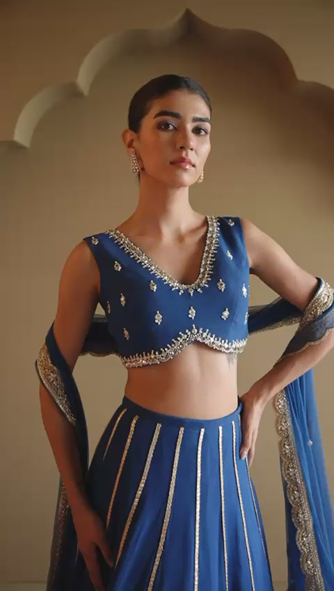 Blue Embroidered Georgette Lehenga Set