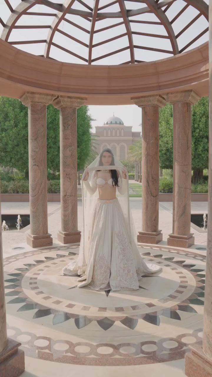 Pearl White Embroidered Bridal Satin Lehenga Set