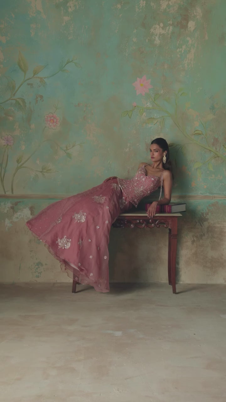 Pink Silk Organza Corset Lehenga Set