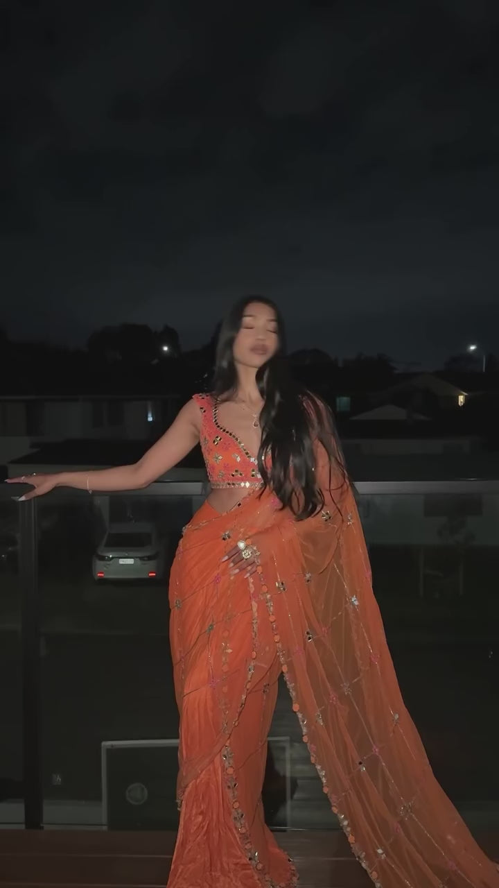 Burnt Orange Hand Embroidered Saree