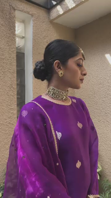 Purple Jaal Neck Butti Silk Kurta Pants Set