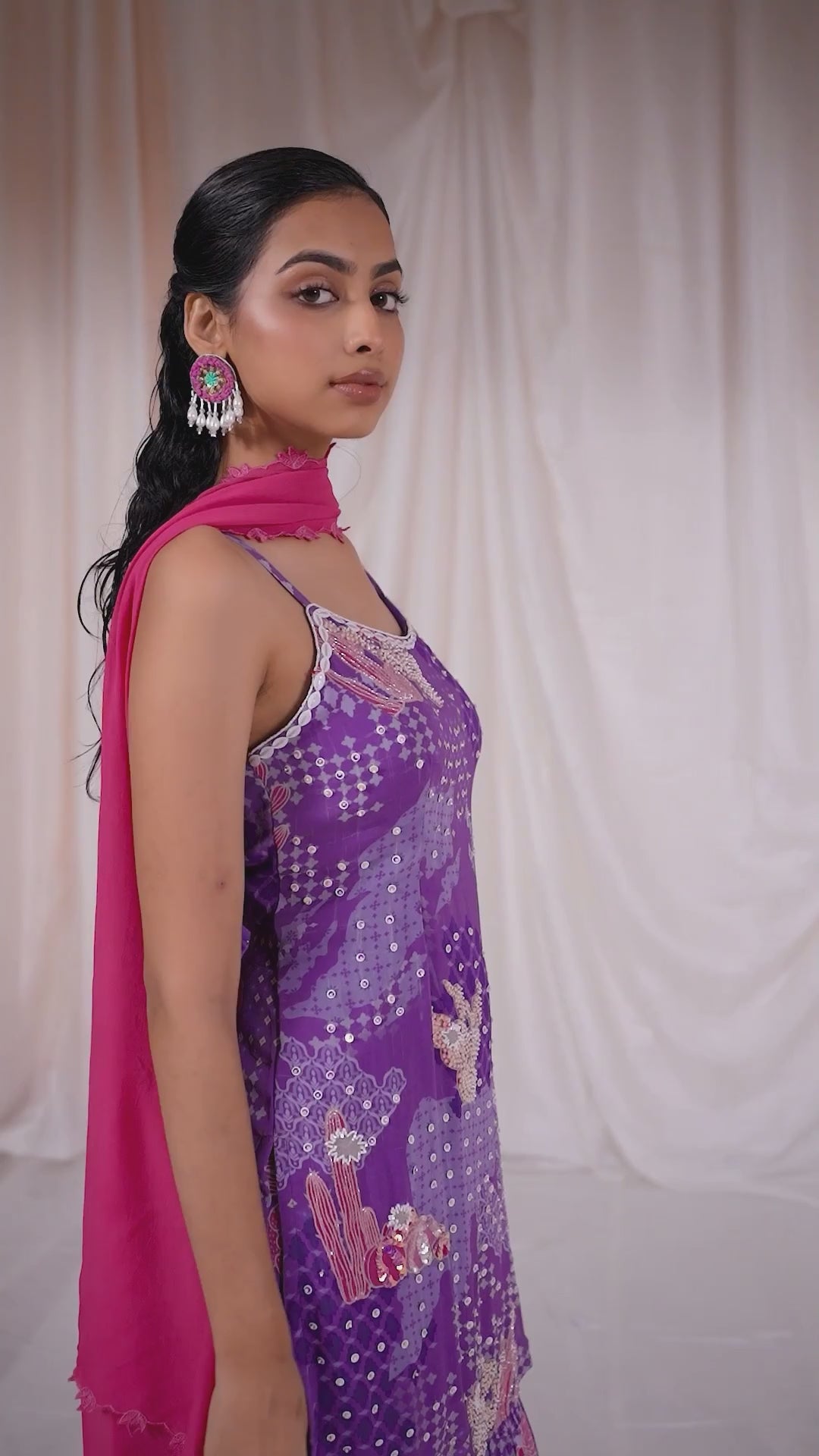 Purple Printed Georgette Kurta Sharara Set