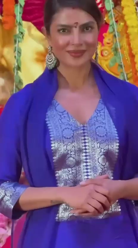 Blue Banarasi Silk Kurta Pants Set