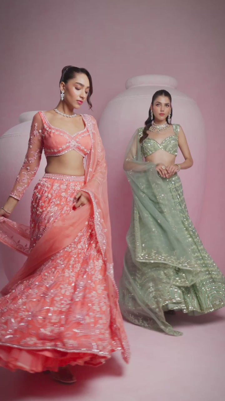 Sage Green Sequins Embroidered Organza Lehenga Set