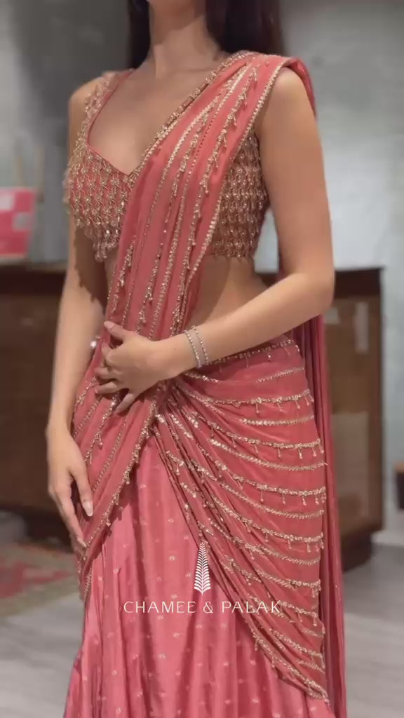 Peach Jamewar Organza Pre-Draped Saree