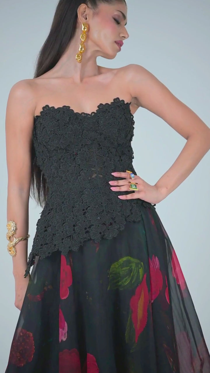 Black Lace Organza Corset Midi Dress