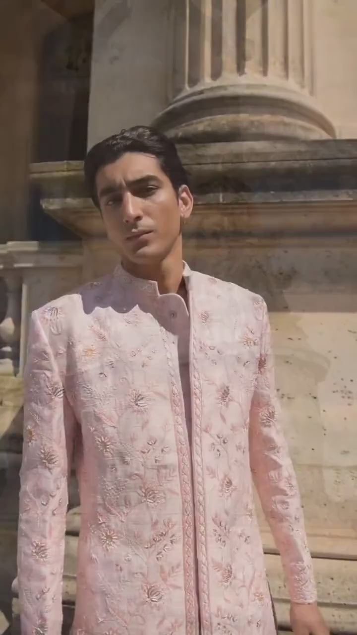 Blush Pink Embroidered Silk Sherwani Set