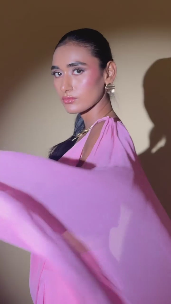 Pink Predraped Pure Georgette Ruffle Saree With Bustier