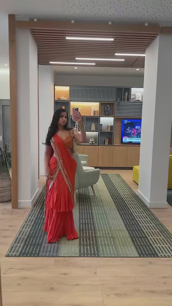 Regal Red Pre-Draped Ruffle Georgette Saree With Bustier