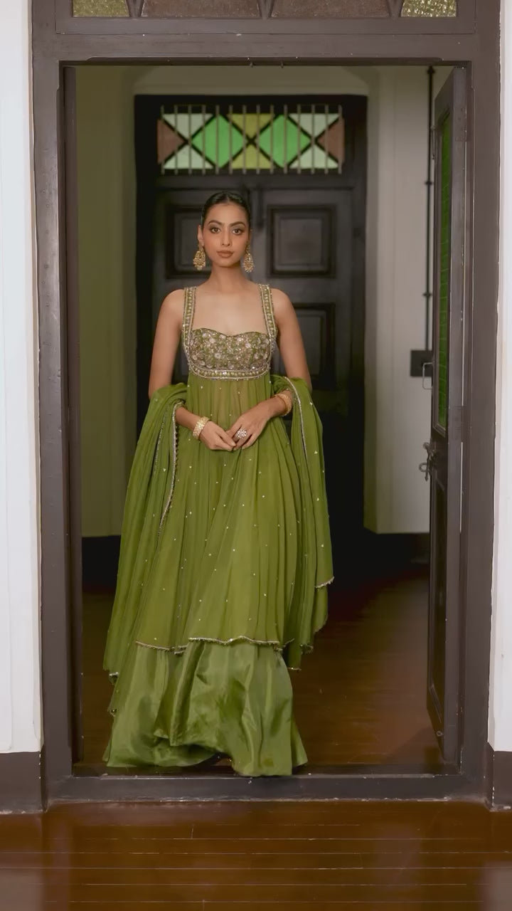 Mehendi Green Silk Anarkali Set With Sharara