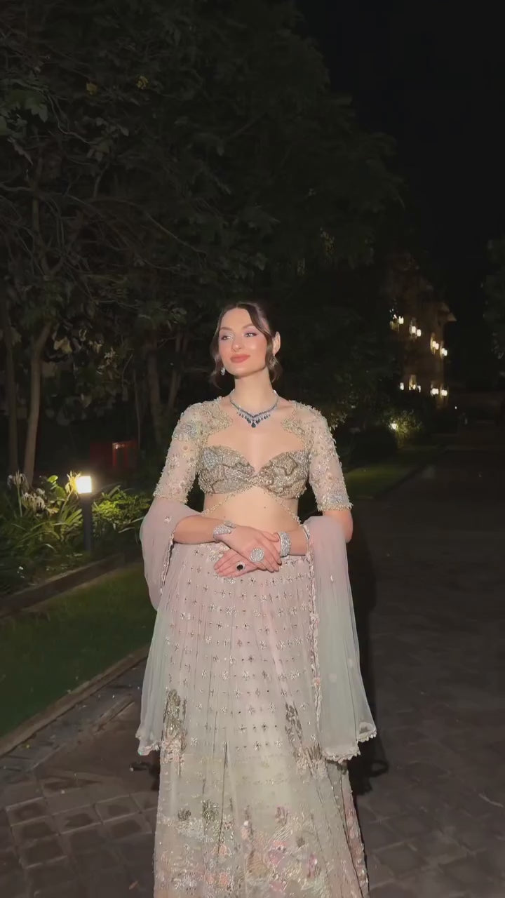 Aqua Blue And Lilac Embroidered Lehenga