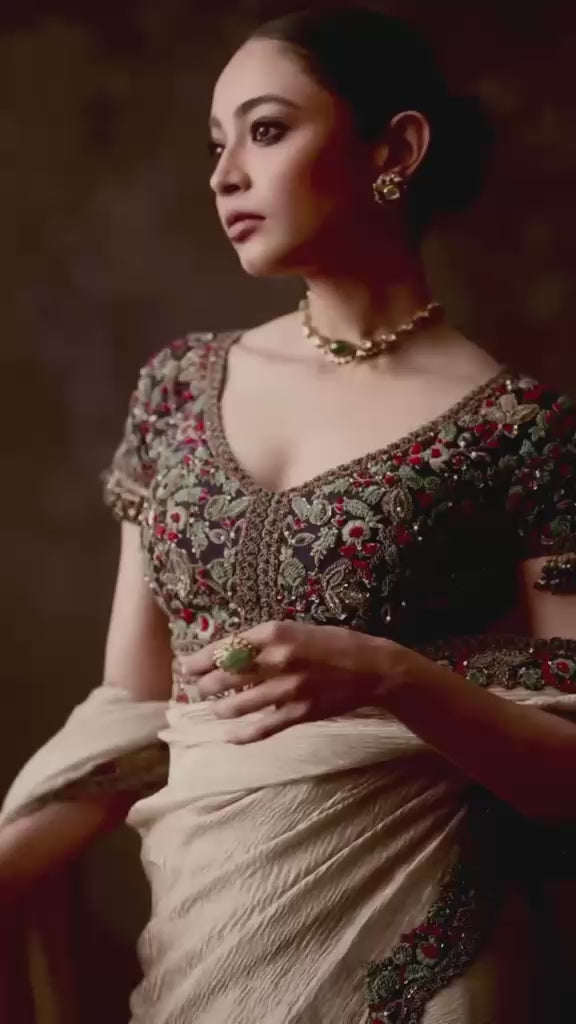 Beige Embroidered Crushed Tissue Saree