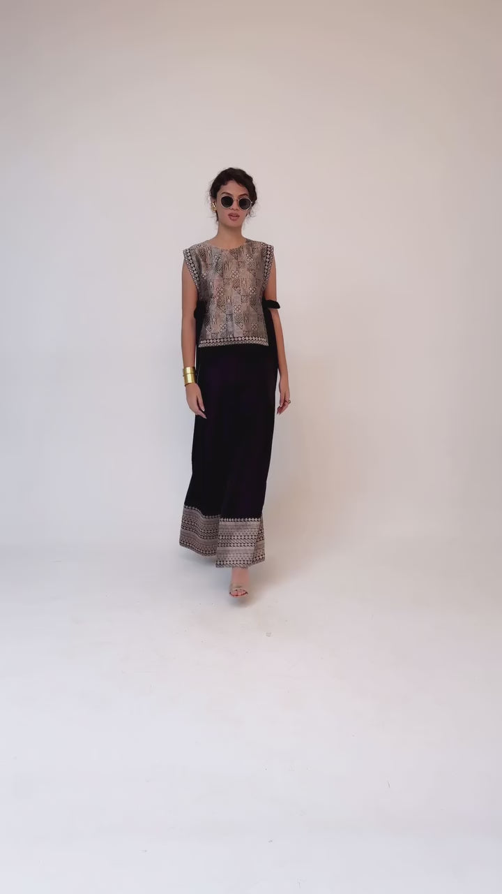 Black Metallic Brocade Top With Pleated Pants