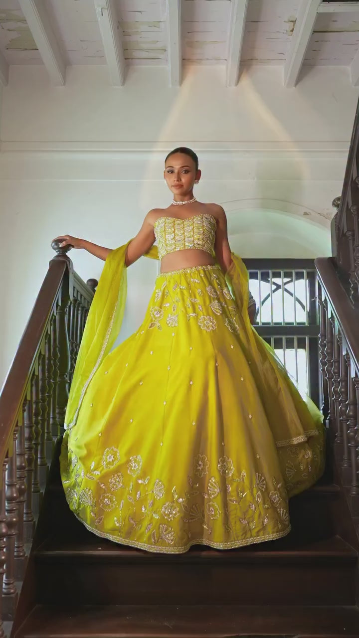 Lime Green Embroidered Silk Lehenga Set