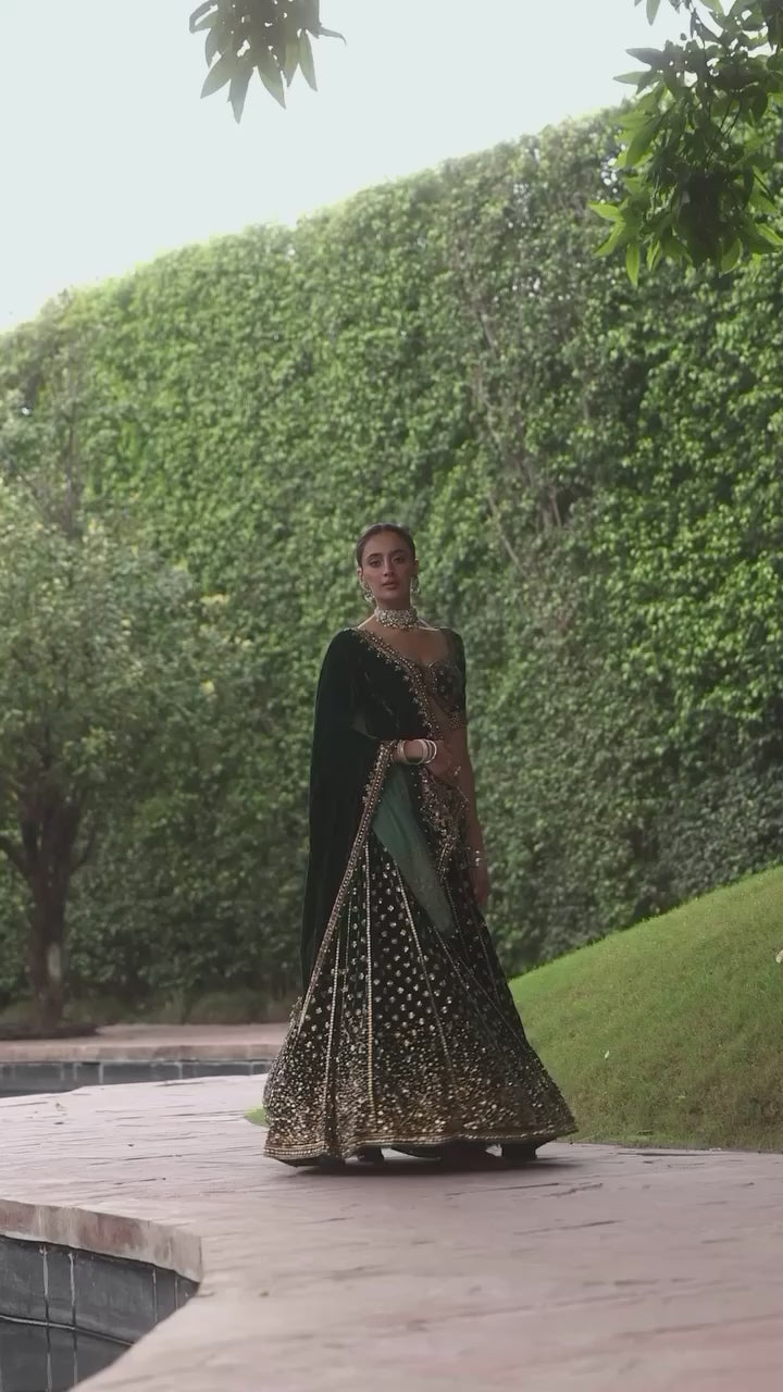 Emerald Green Embroidered Velvet Lehenga