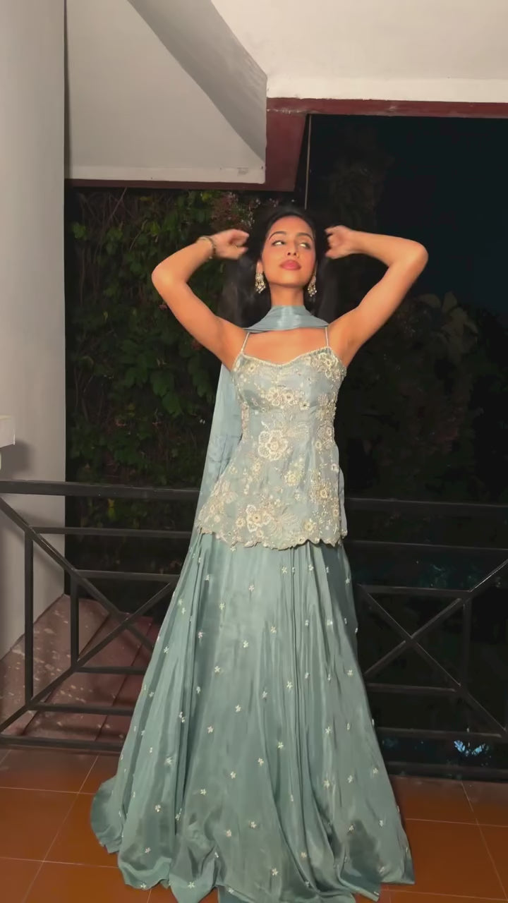 Pastel Blue Embroidered Silk Kurta Lehenga Set
