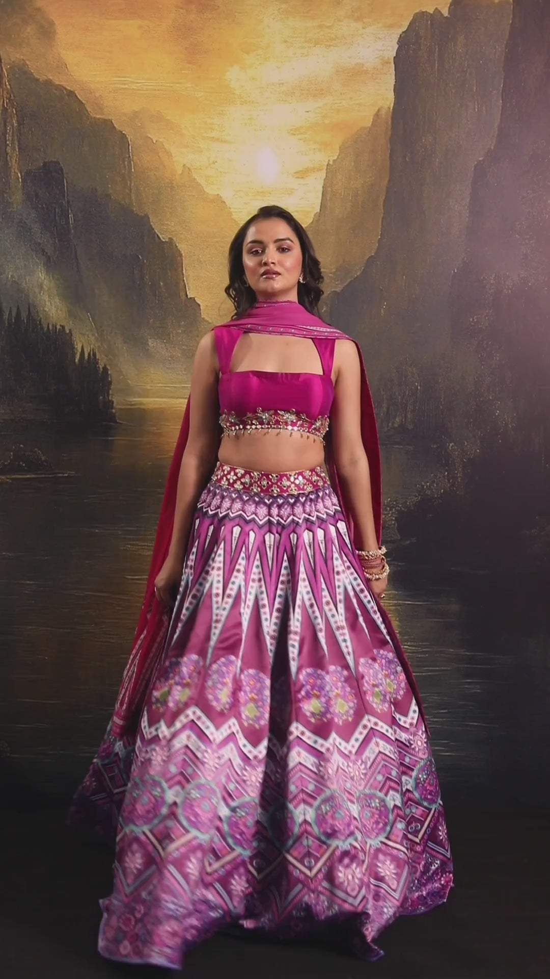 Rani Pink Printed And Embroidered Satin Lehenga Set