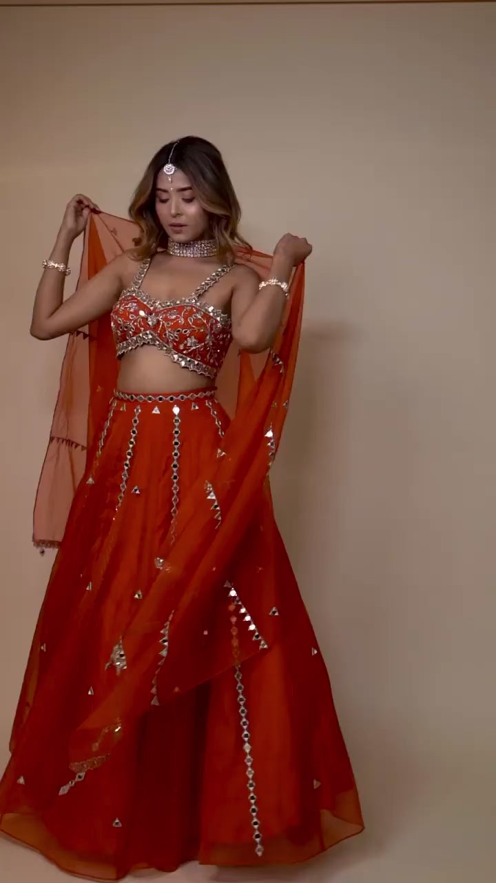 Rust Orange Mirror Organza Lehenga Set