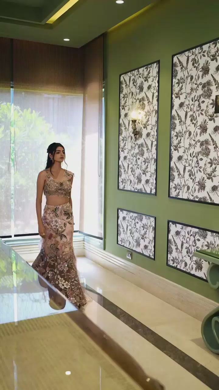 Blush Pink Ombre Embroidered Fish Cut Lehenga Set With Pallu