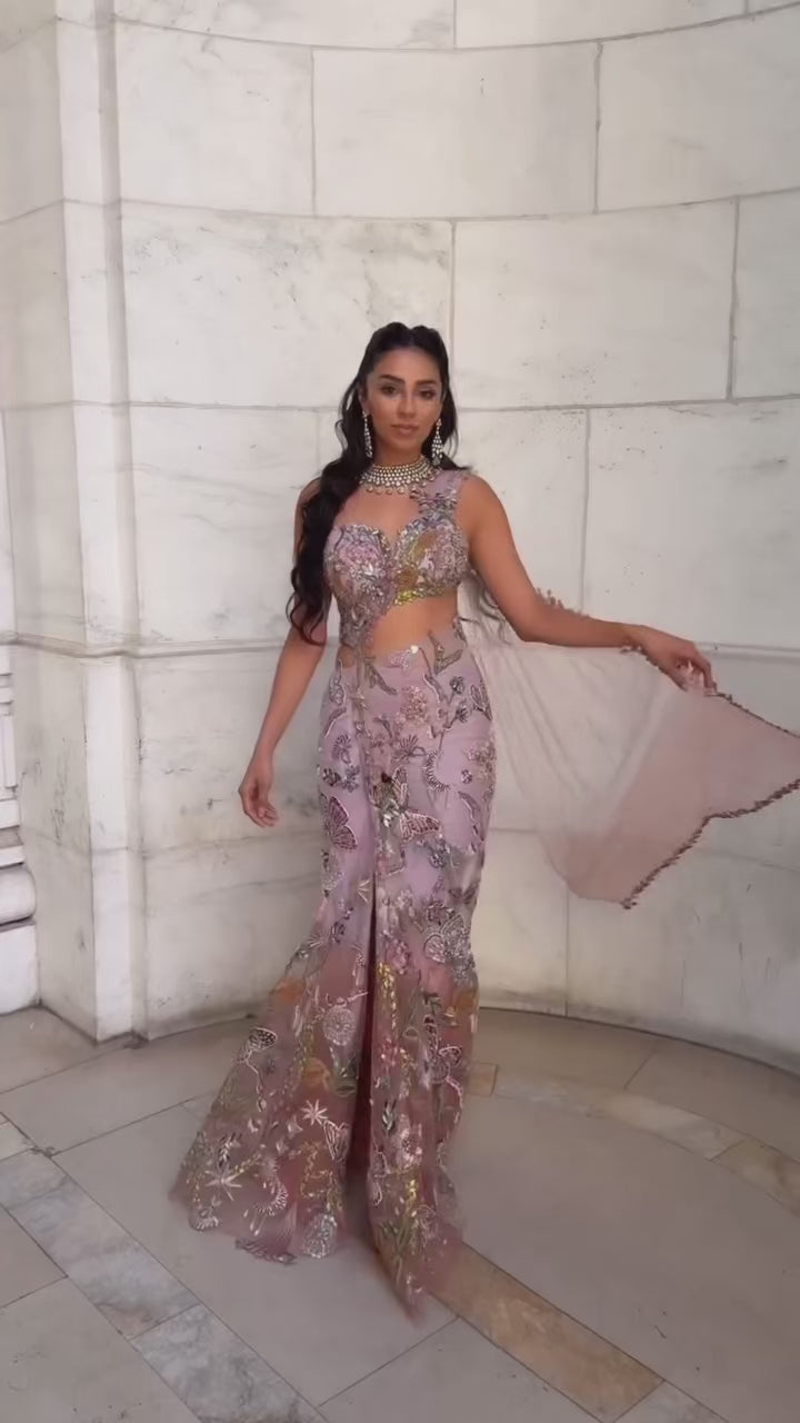 Lilac Ombre Shimmer Net Embroidered Predraped Saree Set