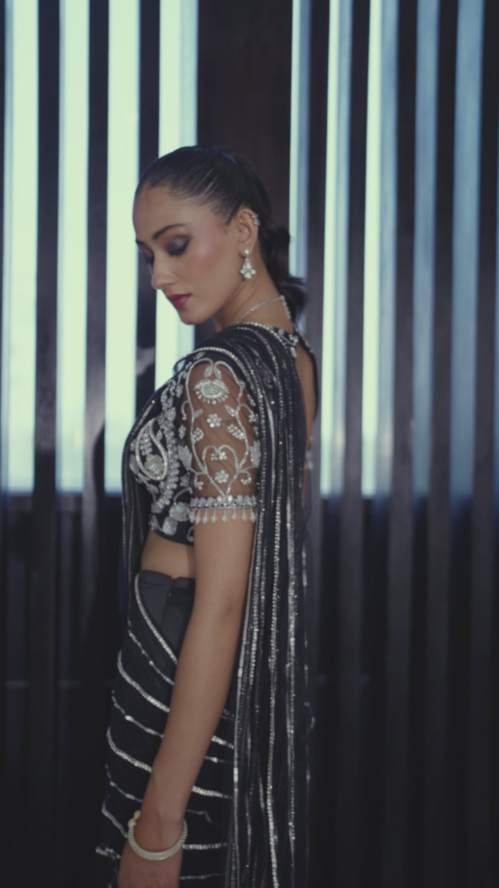 Black & Silver Satin Mermaid Lehenga Saree
