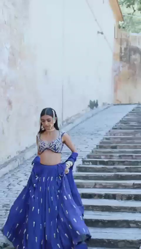 Blue Crepe Embroidered Lehenga Set