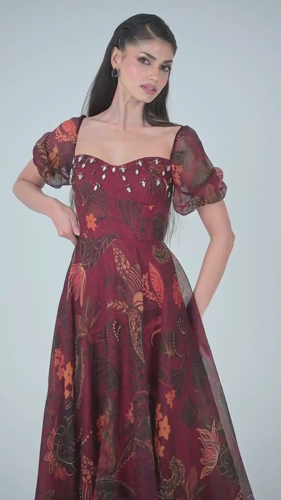 Wine Printed Organza Corset Midi Dress