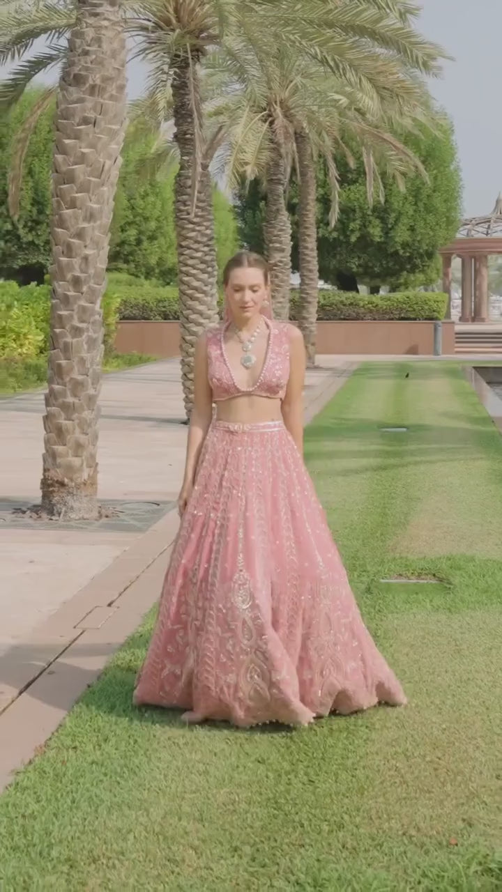 Pink Embroidered Bridal Velvet Lehenga Set