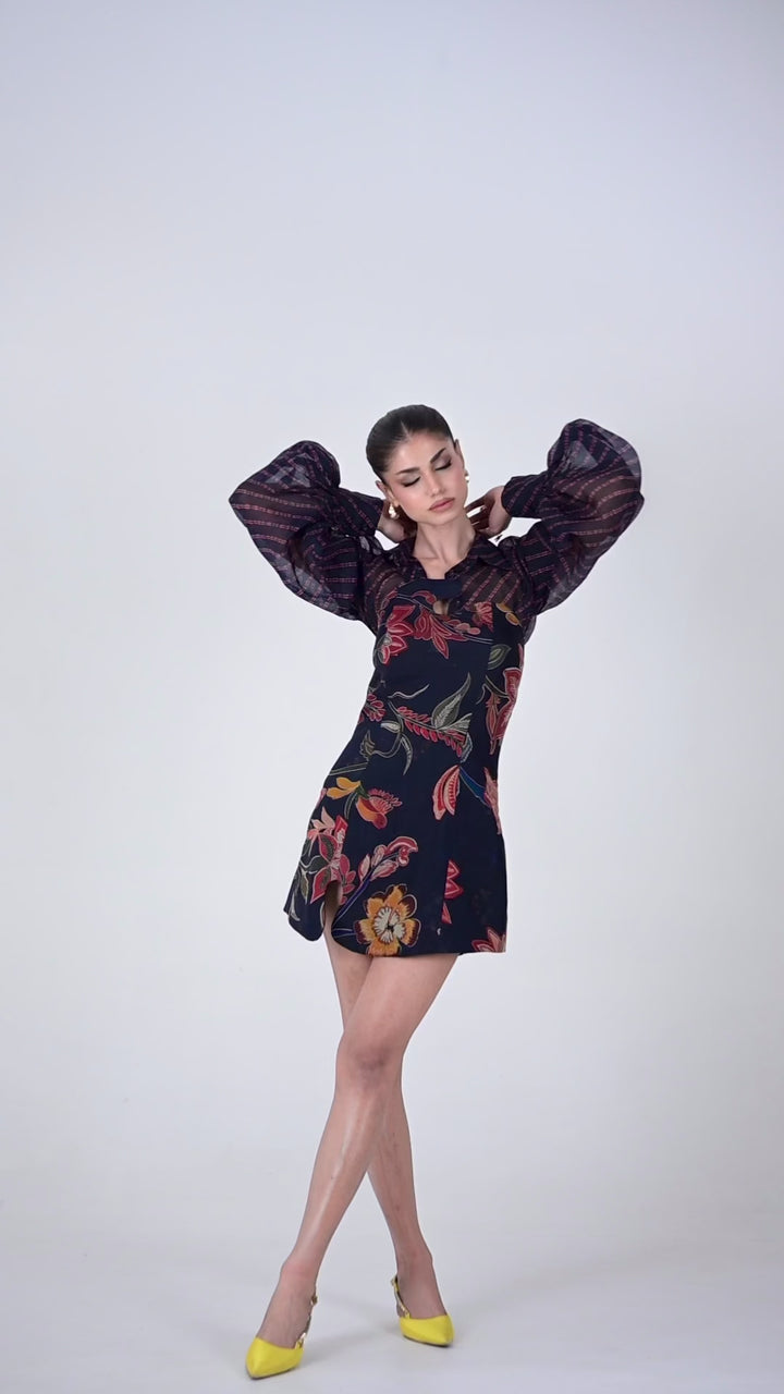 Midnight Blue Printed Organza Corset Mini Dress With Shirt