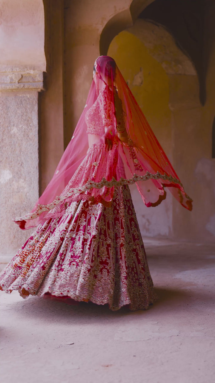 Royal Red Bridal Lehenga Set With Embellished Net Dupatta