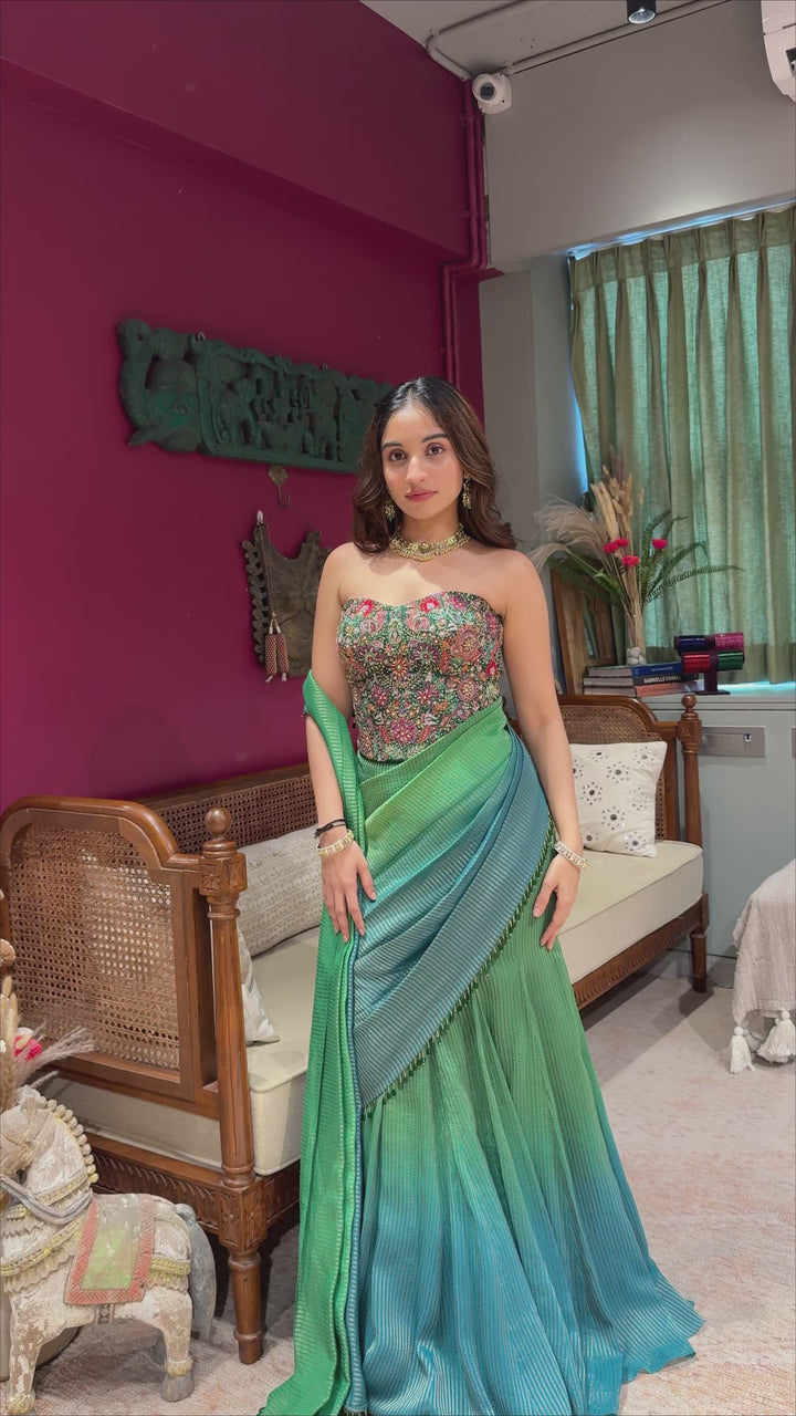 Green And Blue Tissue Jamewar Ombre Corset Pre-Draped Saree