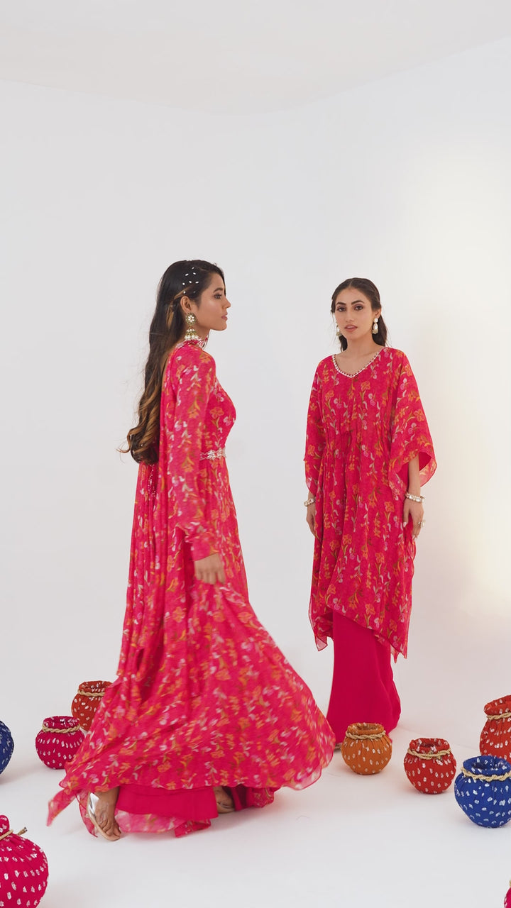 Rani Pink Printed Georgette Anarkali Set With Belt