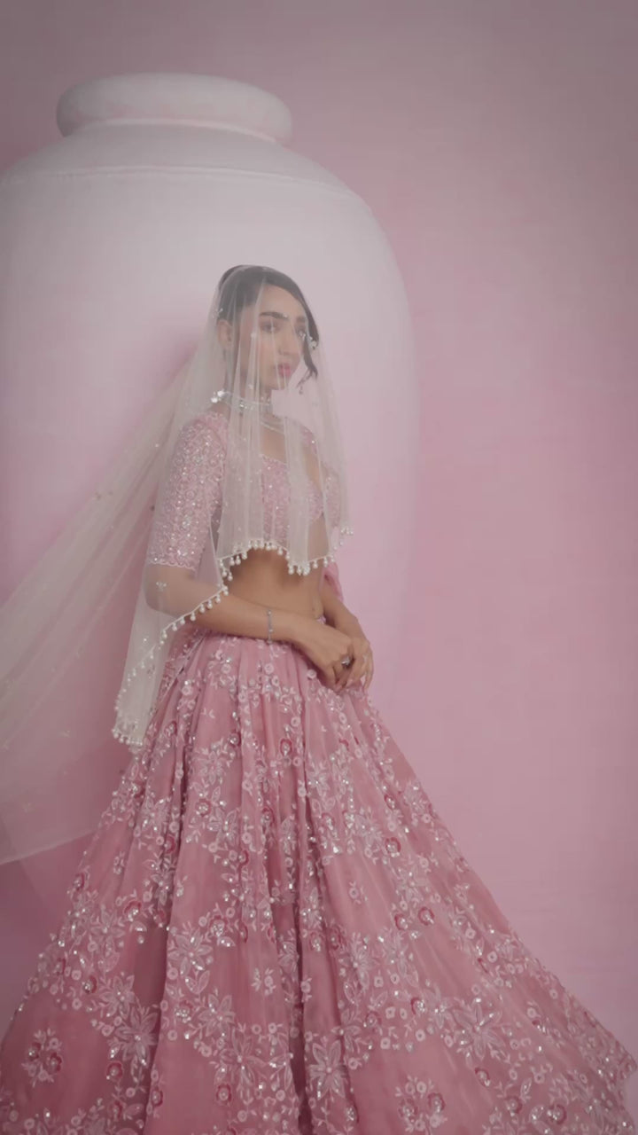 Pastel Pink Sequined Lehenga Set With Halter Blouse