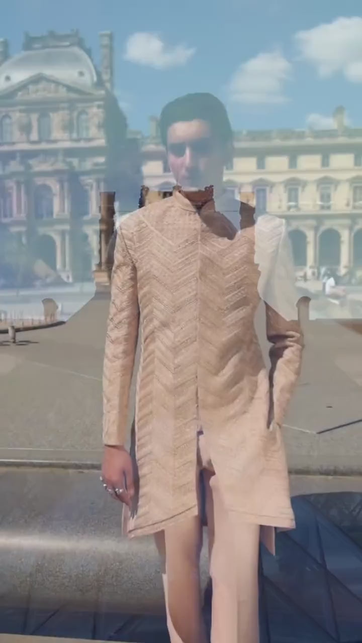 Muted Brown Embroidered Silk Kurta Sherwani Set