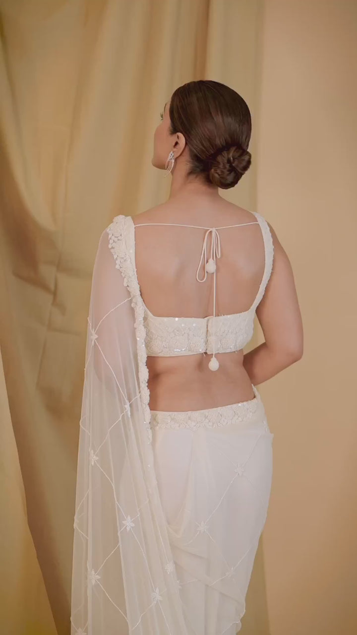 Ivory Hand Embroidered Pre Draped Saree