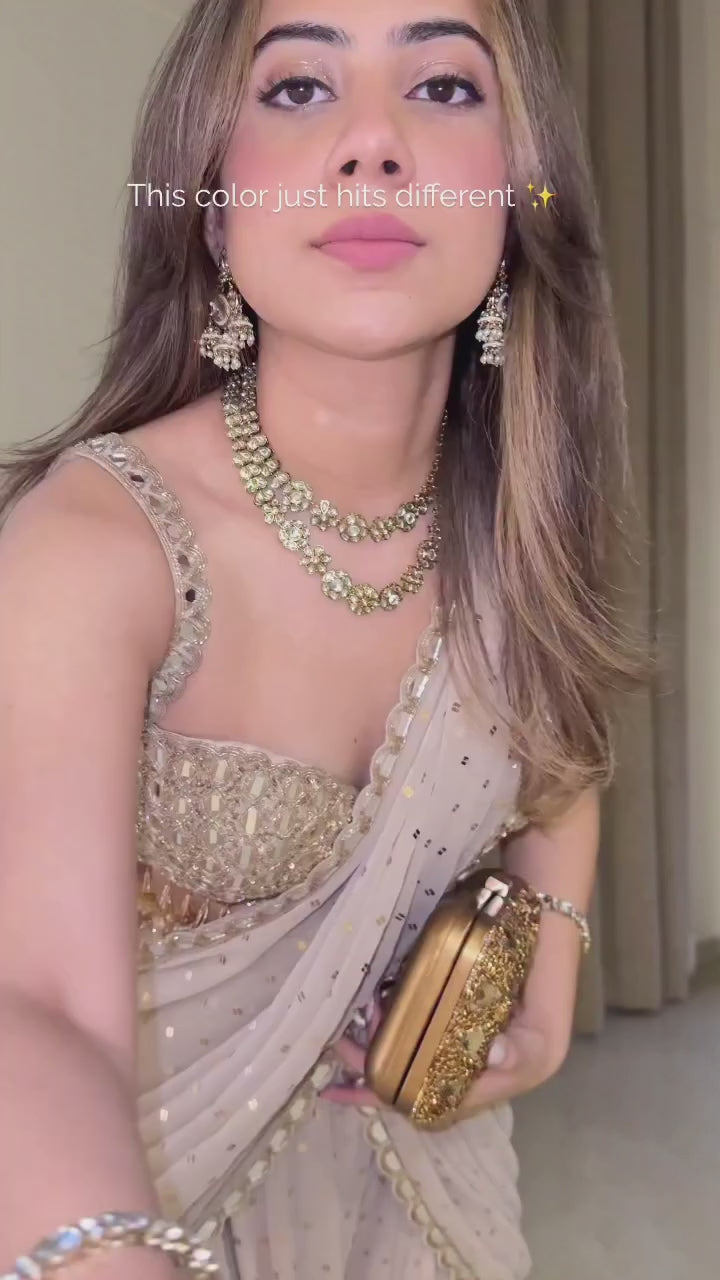 Beige Gold Pre Draped Saree With Embroidered Mirror Blouse