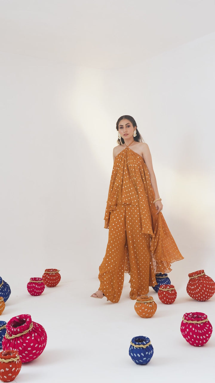 Purple Printed Georgette V-Neck Kaftan Set With Pant