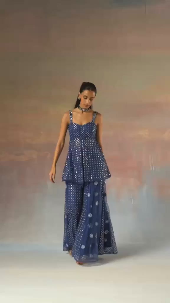Blue Soft Net Peplum Kurta Sharara