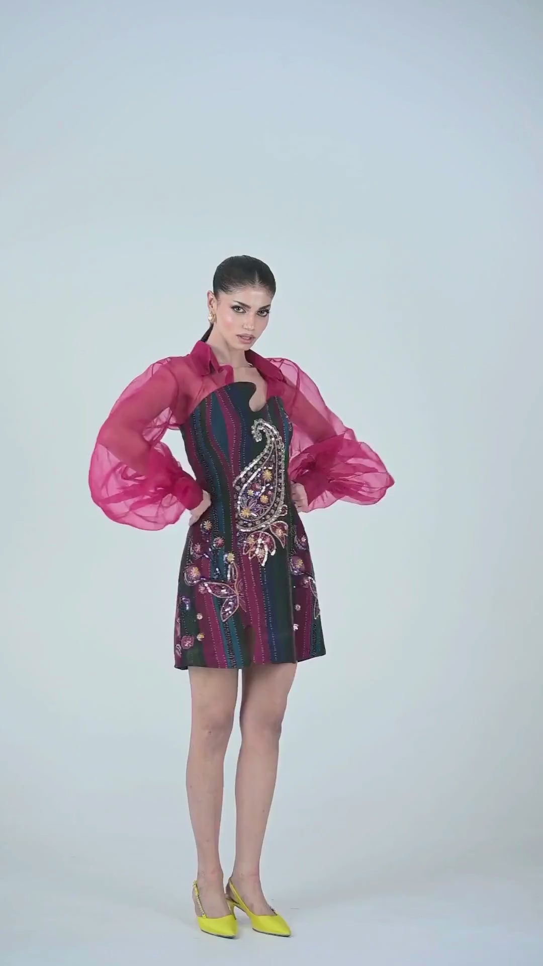 Black Multicolour Organza Mini Dress With Pink Shirt