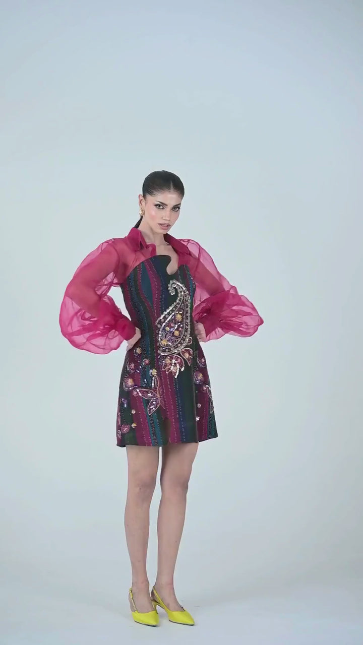 Black Multicolour Organza Mini Dress With Pink Shirt