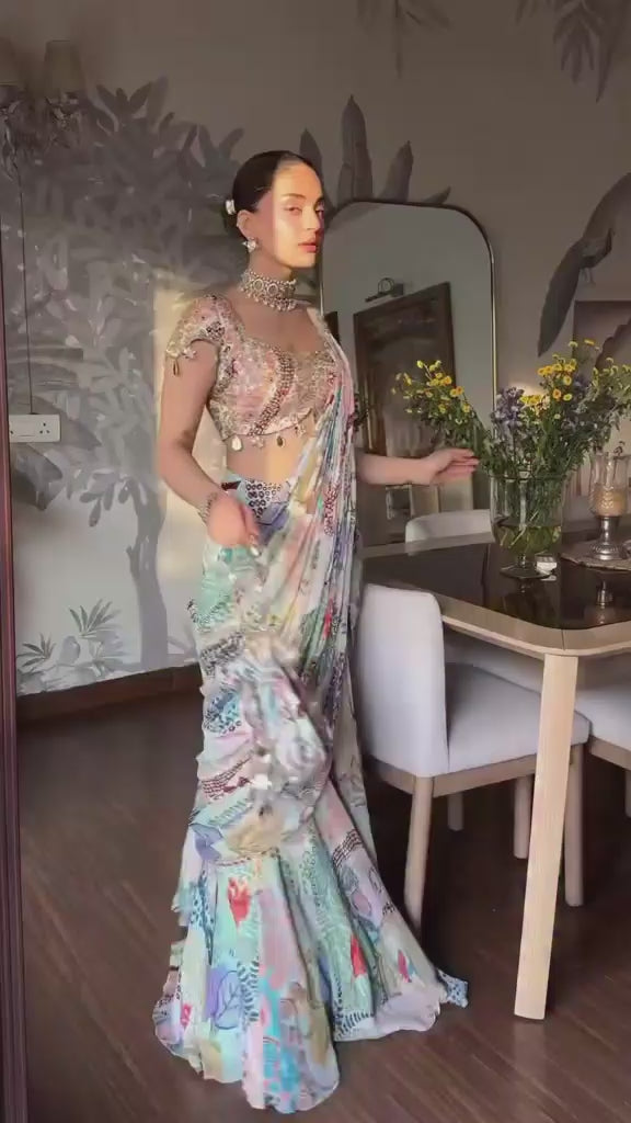 Blue Printed Chiffon Predraped Saree With Mirror Blouse
