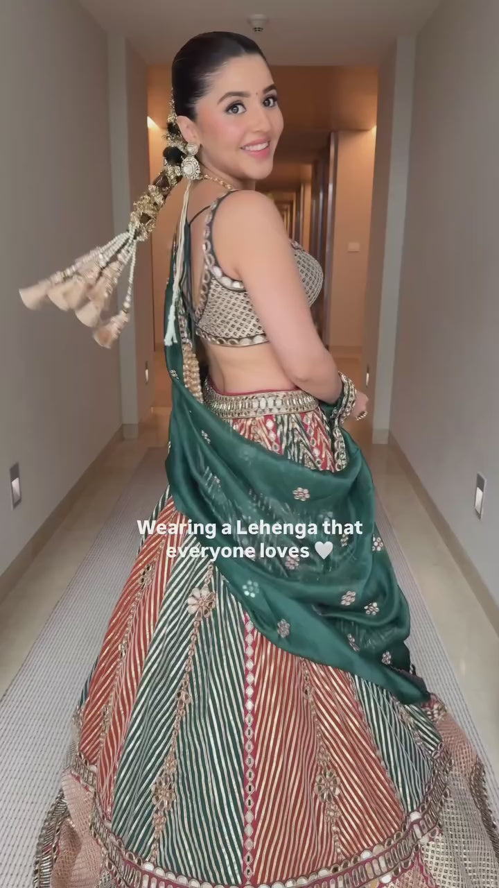 Cranberry Red And Green Embroidered Bridal Lehenga Set