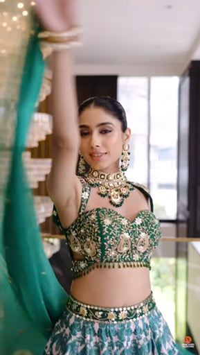 Emerald Green Printed Velvet Lehenga Set
