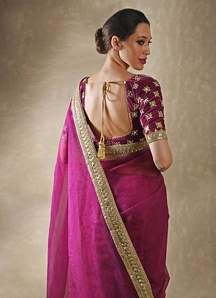 Pomegranate Organza Saree With Velvet Blouse