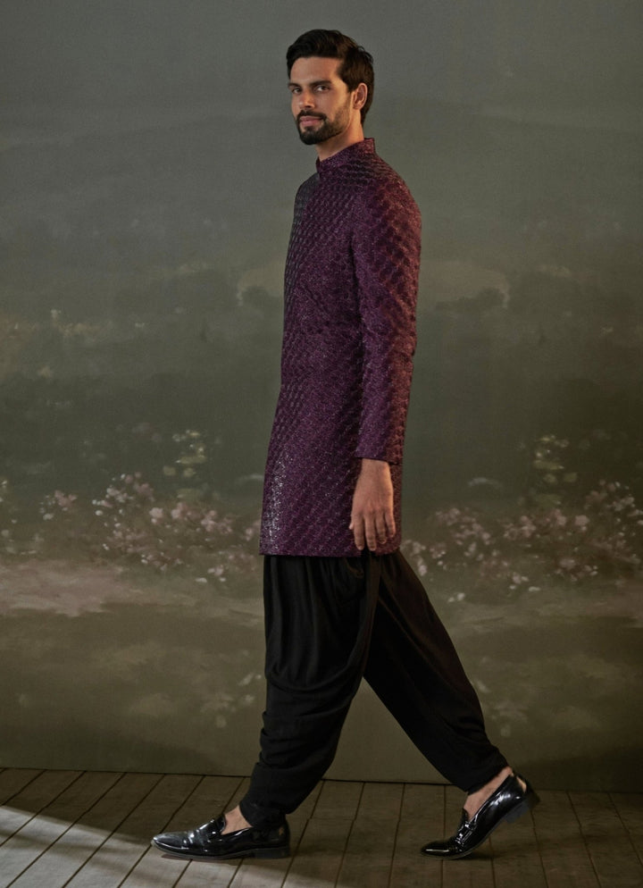 Purple and Black Raw Silk Sherwani Set Nitika Gujral - Men - Fabilicious Fashion