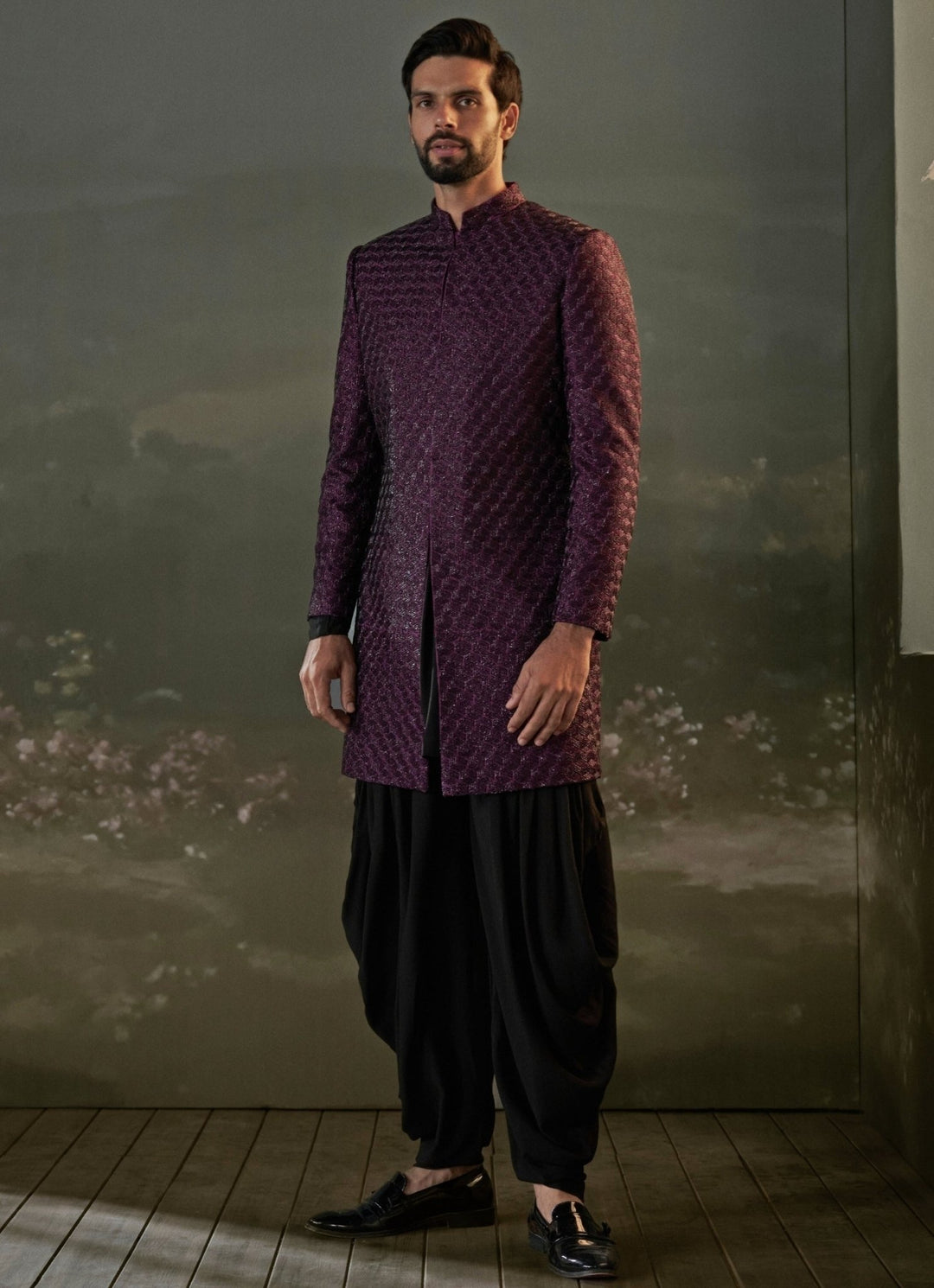Purple and Black Raw Silk Sherwani Set Nitika Gujral - Men - Fabilicious Fashion